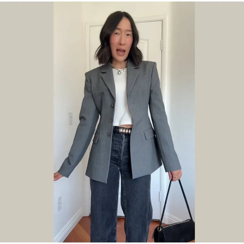 Casual Single-breasted Suit Jackets 2026 Spring New Female Elegant Lapel Full Sleeve Blazers Coat Women's Waist-cinching Outwear