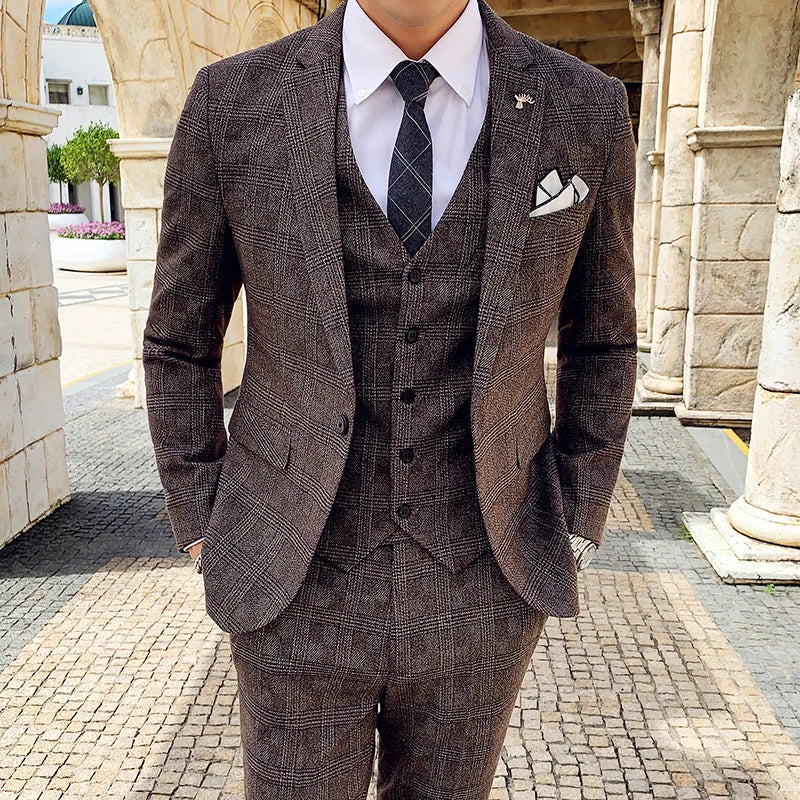 Coffee Brown Men Striped Plaid 3-Piece, Dark Blue Wedding Party Slim Fit Blazers Jacket and Vest with Pants, Asian Size M-5XL