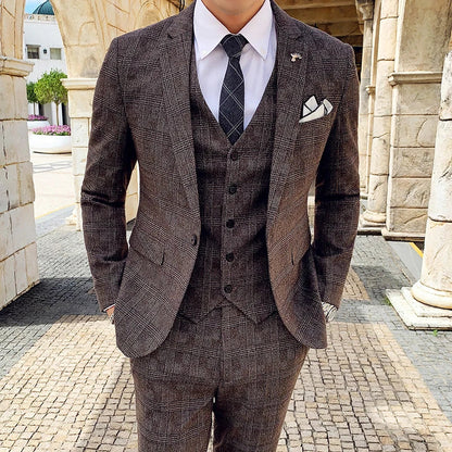 Coffee Brown Men Striped Plaid 3-Piece, Dark Blue Wedding Party Slim Fit Blazers Jacket and Vest with Pants, Asian Size M-5XL