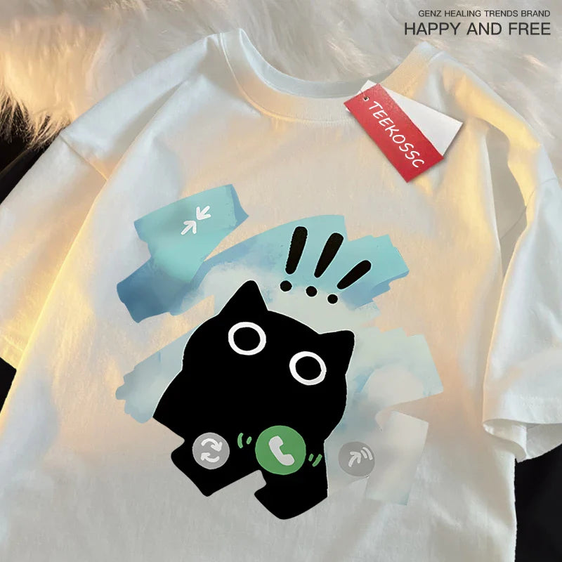 Voice Call Black Cat Japanese Style T Shirt Men Women Fashion Tshirts Summer Cotton Tops Cotton Loose Street Hip Hop T-Shirts