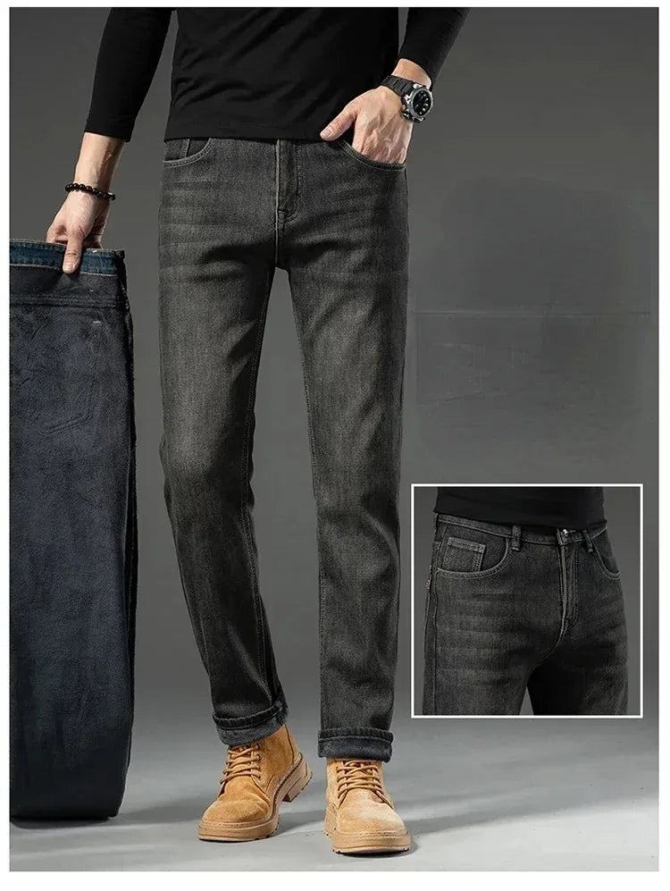 High Quality Winter Jeans New Casual Straight Tube with Fleece Thickening Loose Outside Warm Long Pants Streetwear Men