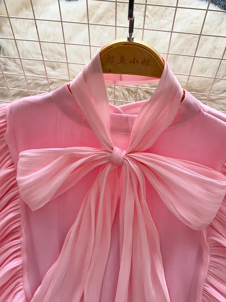 Women Spring Autumn Shirt Fashion French Retro Casual High-end Polka Dot Blouse with Bubble Sleeves Bow Design Top S263