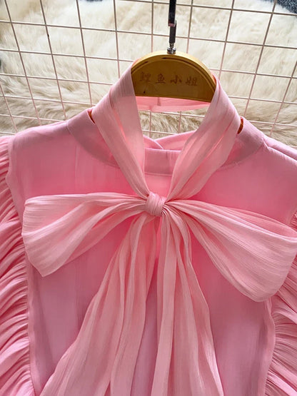 Women Spring Autumn Shirt Fashion French Retro Casual High-end Polka Dot Blouse with Bubble Sleeves Bow Design Top S263