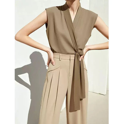 Elegant Women's Blouse 2026 Summer New V-Neck Sleeveless Chiffon Top Satin Spliced Office Flowy Shirt For Women 12642213