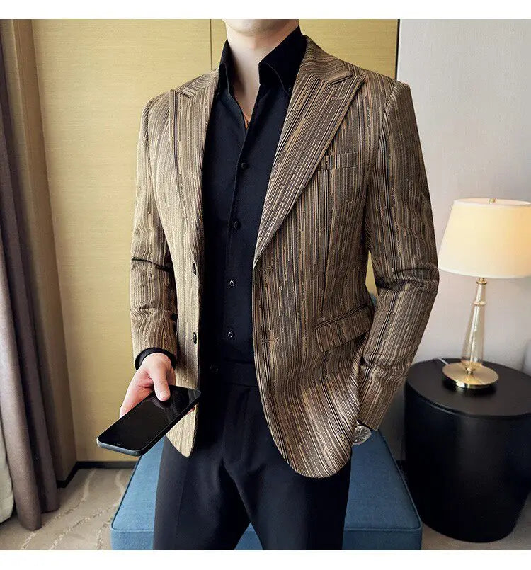 Fashion Meteor Line Checkered Elegant Suit Jacket Men Fashion De Luxe Business Slim Fit Single Breasted Social Party Dress Coats