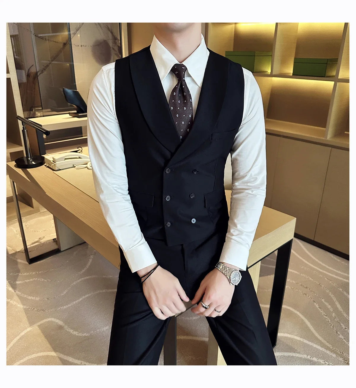 Men Luxury Double Breasted Design Solid Vest Formal Groom Wedding Dress Suit Vest Set Fashion Mens Club Singer Clothing 6XL-M