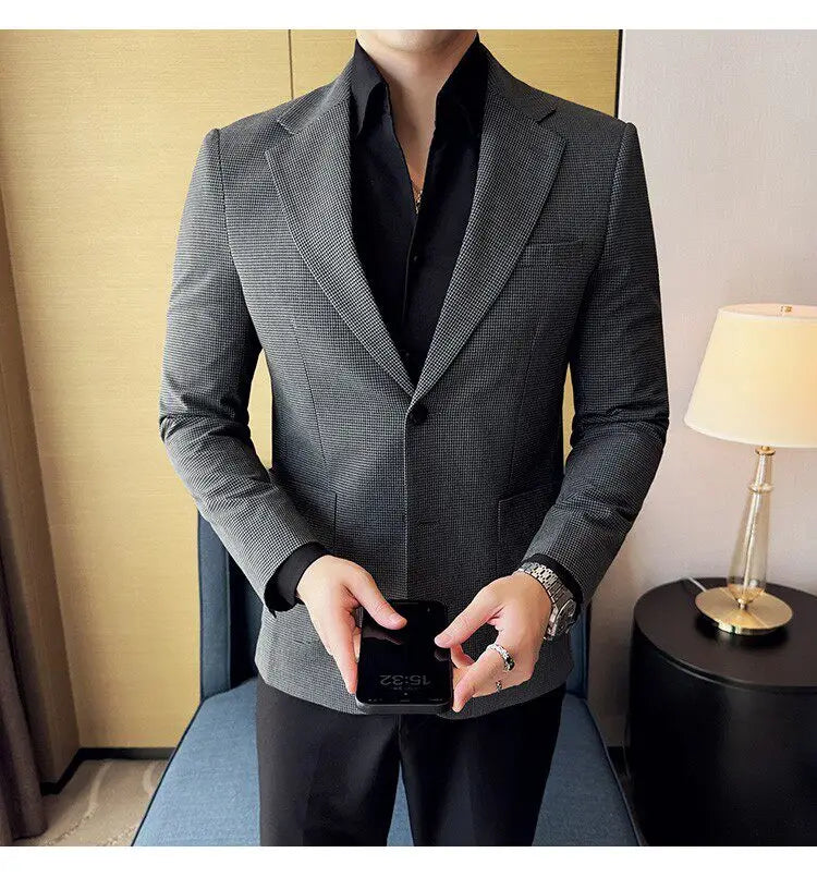 Korean Vintage Elegant Men's Business Slim Fit Suit Jacket 2026 New Fashion Lapel Single Breasted Men Social Party Dress Coats