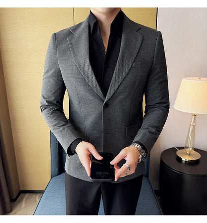 Korean Vintage Elegant Men's Business Slim Fit Suit Jacket 2026 New Fashion Lapel Single Breasted Men Social Party Dress Coats