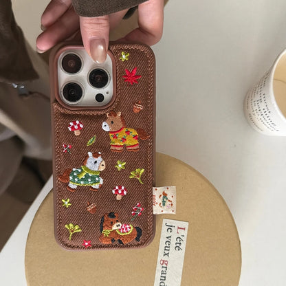 Cute Brown Embroidered Pony Mushroom With Lanyard Shockproof Protective Phone Cover Case for iPhone 17 16 15 14 Pro Max