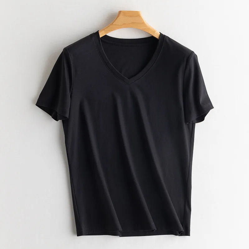 Women Solid T shirts, Silk Cotton Blend, O Neck, Short Sleeved Solid Tee,2025 Summer Candy Colors Basic Cozy Top Green