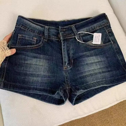 Summer Low-Waisted Skinny Denim Shorts for Women with Cargo Pockets Elastic Waist Vintage Y2K Streetwear Sexy Retro Blue Jeans