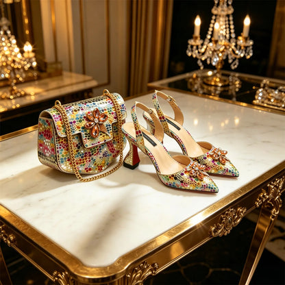 Elegant Rhinestone Heels & Matching Bag Set, Colorful Print Pointed Toe Block Heels for Banquet Club Night