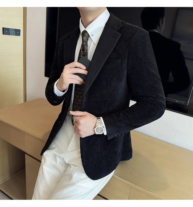 Autumn Winter Fashion Seaweed Pattern Suit Jacket High Quality Luxury Slim Fit Casual Men's Blazers Coats Social Prom Tuxedo