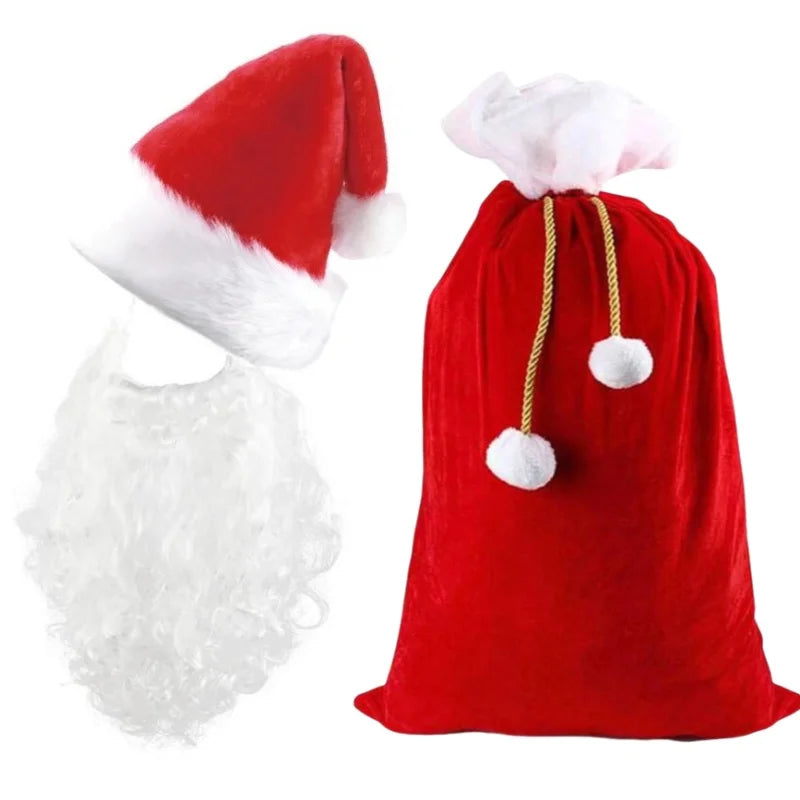 Santa Beard Christmas Costume Set,3pcs/set (Santa Claus Fake Long Beard and Hat,Storage Bag),Santa Beard Costume Accessories