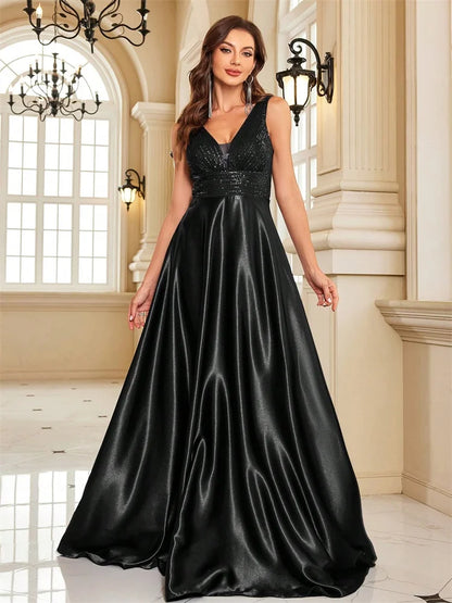 Elegant Sequins Evening Dress For Women 2024 Deep V-neck Satin Prom Party Green Dress Floor Length Blue Formal Gowns