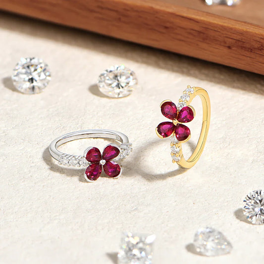Bague originale en forme de fleur de rubis goutte d'eau pour femmes, bagues de fiançailles pavées de moissanite, bijoux en argent sterling 925, cadeau pour les fêtes