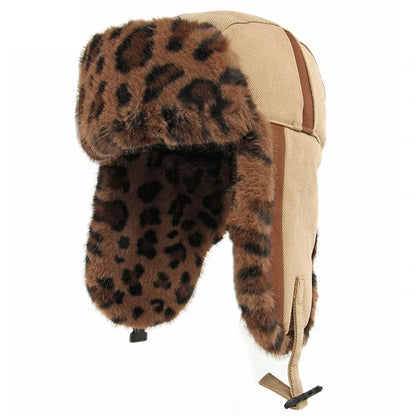 Bomber Hat Men Women Thick Warm Winter Hat Leopard Fur Earflap Cap Male Female Russian Hat Windproof Snow Ski Trapper Cap