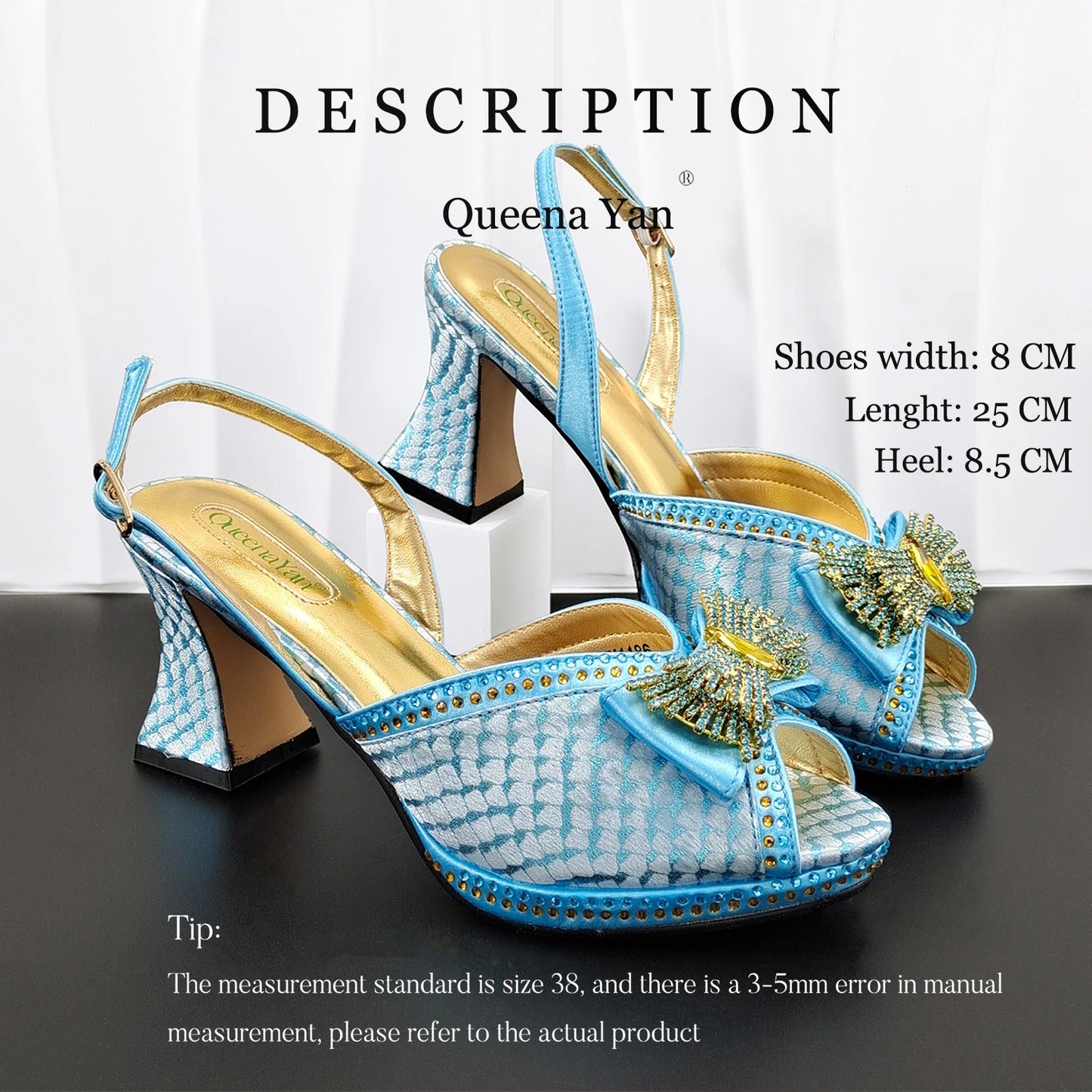 Hot Selling Sky Blue Color Party Peep Toe High Heels and Handbag  Set With Striped and Rhinestone Decoration Design