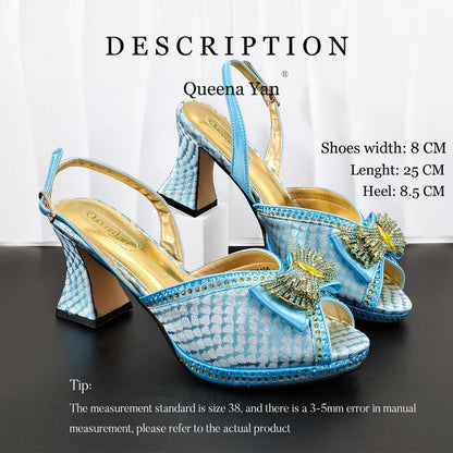 Hot Selling Sky Blue Color Party Peep Toe High Heels and Handbag  Set With Striped and Rhinestone Decoration Design