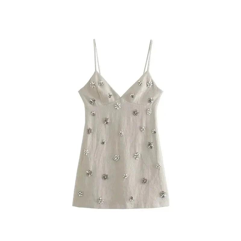 Women Chic Fashion Sleeveless Lnlay Mini Dress Vintage Thin Straps Summer Female Dresses Vestidos Mujer