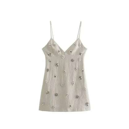 Women Chic Fashion Sleeveless Lnlay Mini Dress Vintage Thin Straps Summer Female Dresses Vestidos Mujer