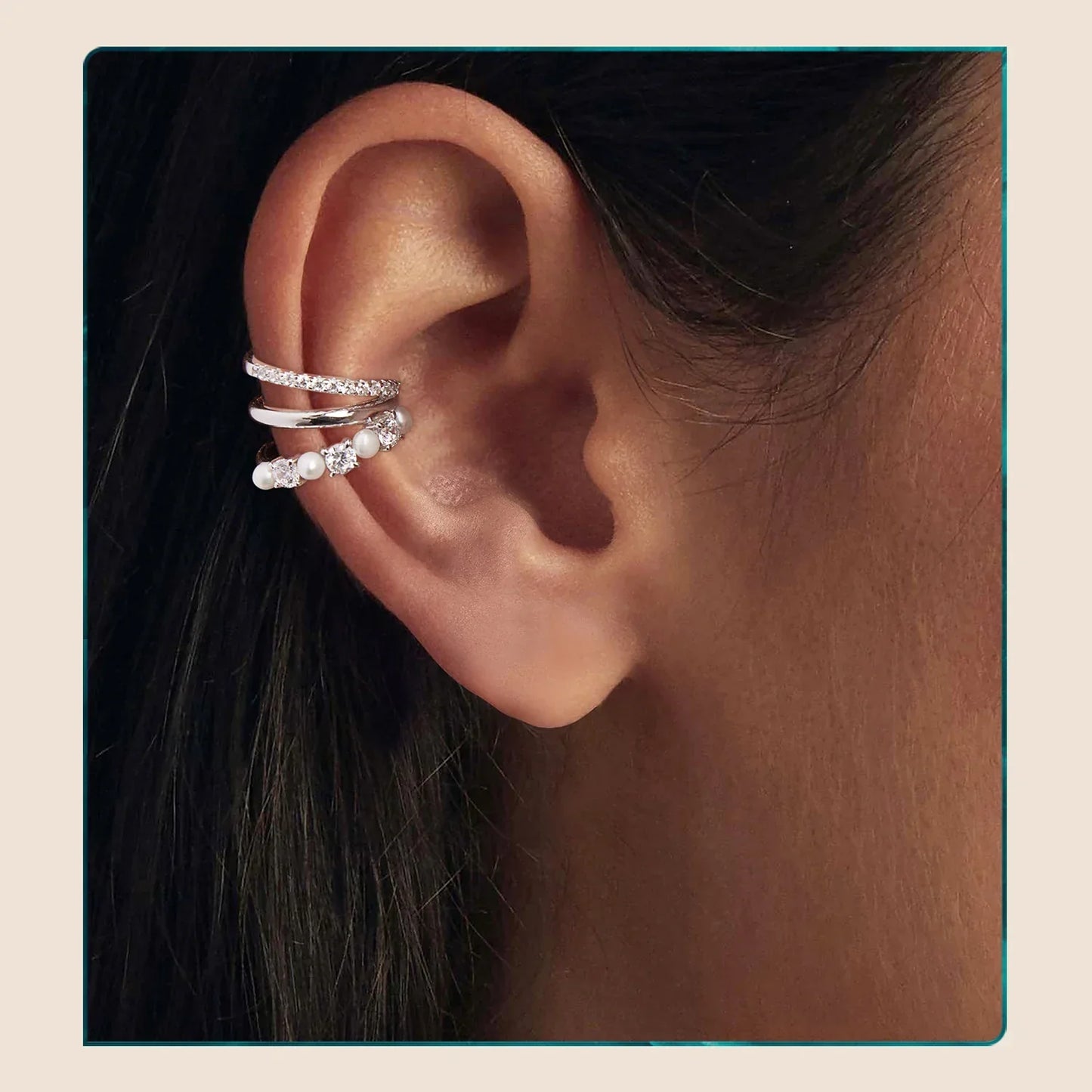Mono 3-layered Moissanite Ear Cuff 925 Sterling Silver Freshwater Pearl Ear Clip for Women Teens Original Elegant Jewelry