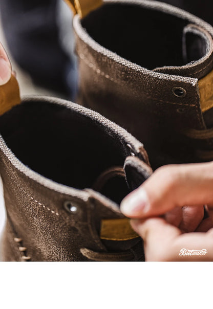 Maden New Vintage Brown Winter Work Boots Casual Suede High-top Boots Thick Soles Round Toes Shoes Men's Shoelaces Boots