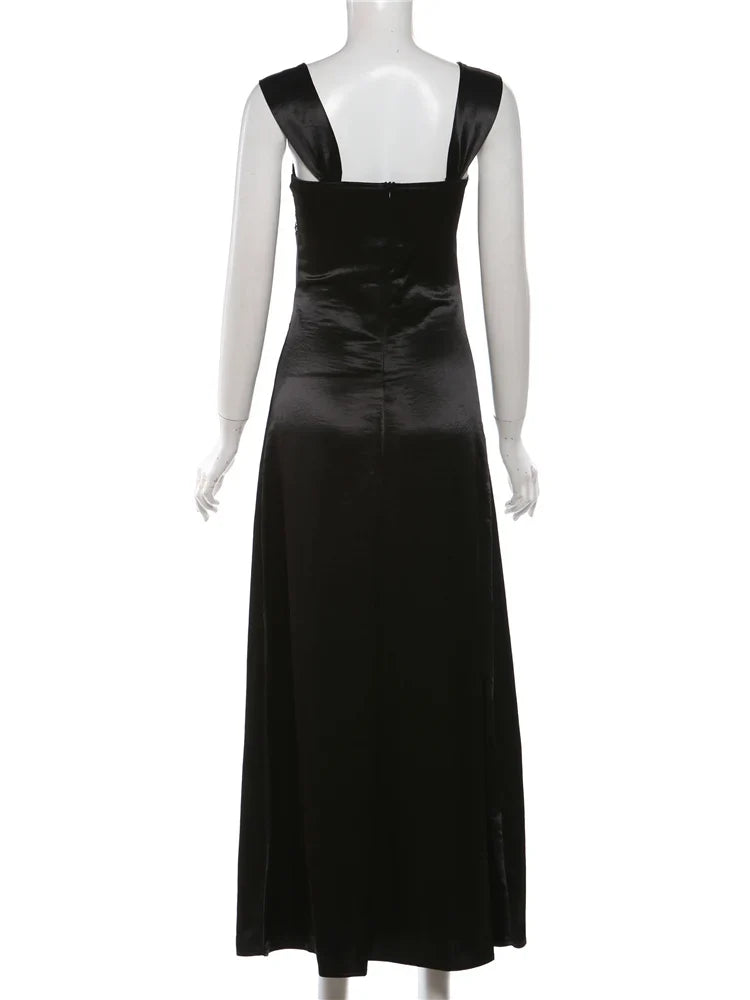 Elegant Strap Dress Women Low-Neck Patchwork Classic Evening Sexy Stain Valentine's Day Dating Slim Coquette Long Bodycon