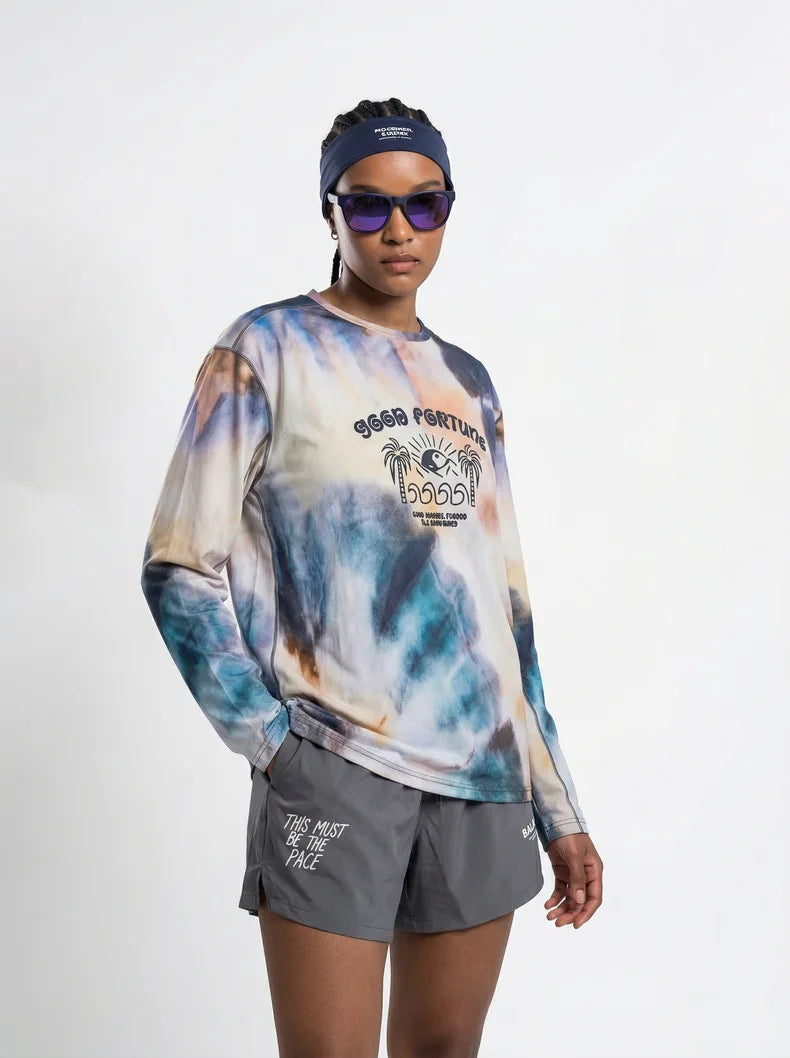 Men's Long Sleeve Sports T-Shirt Quick Dry Stretch Athletic Base Layer Ink Digital Printing Workout Running Top Unisex