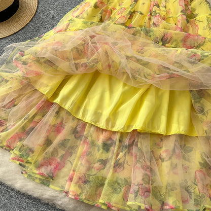 Retro Floral Chiffon Dr Women's Waist Cinched Bubble Sve Me Skirt Tea Break Gentle Soft Sle Korean High Waist A-Lin...