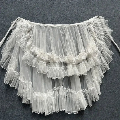 Double Layered Lolita Waist Curtain Sheer Cover Up High Low Skirt w. Asymmetrical Ruffles