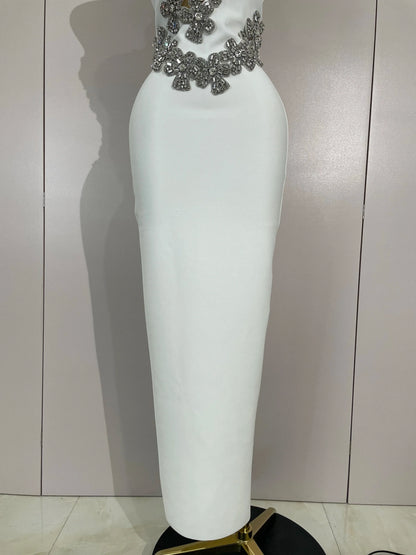 Sexy Backless Sparkly Crystal Diamonds White Bodycon Bandage Dress Women Celebrity Elegant Evening Club Party Birthday Dresses