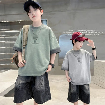 Luxurious Teen Boys Set For Child Elegant T-shirts + Denim Shorts 2PCS Clothes Set Summer Kids Luxury Clothing Set Age 6 To 16 Y