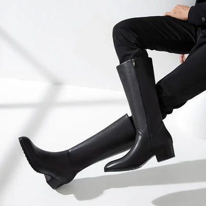 Italian Classic Men's Knee High Boots 5 Cm Heels Luxury Genuine Leather Comfortable Winter Warm Black Business Shoes Boots Man