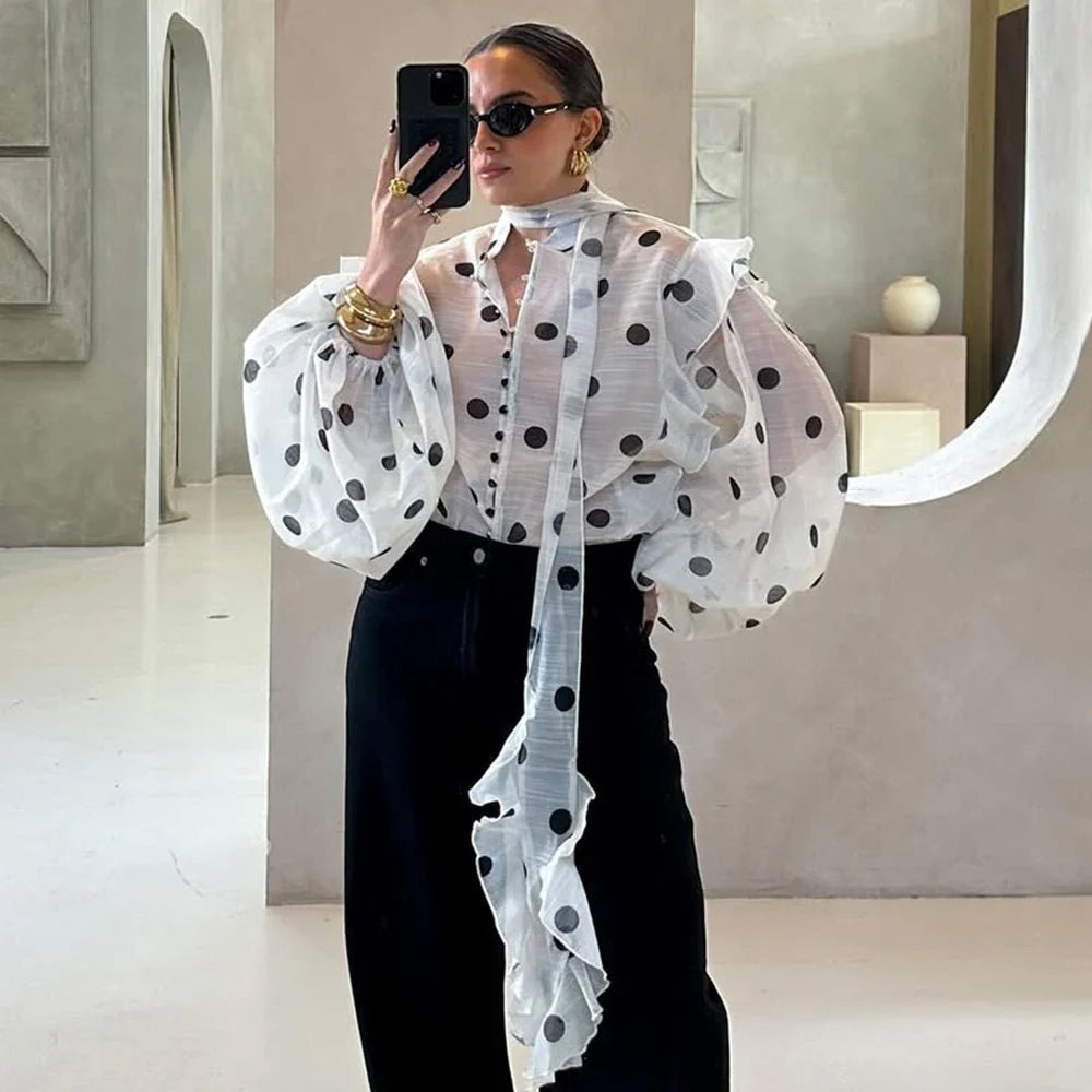 Ticketsx Polka Dot Ruffled Shirts Fashion Contrast Lace Up See Through Button Blouse Top Elegant Party High Street Women Shirt