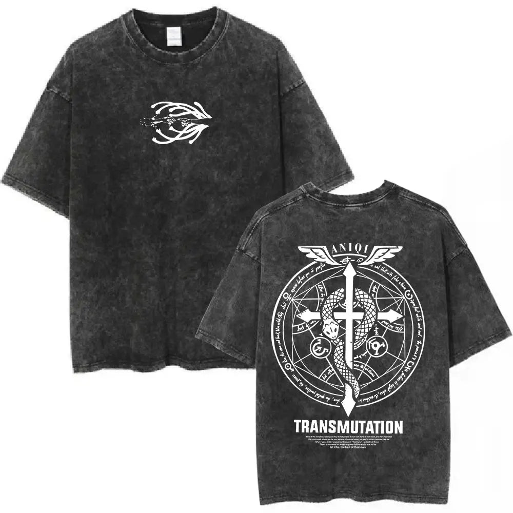 Anime Fullmetal Alchemist Washed T Shirts Edward Elric Alphonse Elric T-Shirt Men's Women Fashion Casual Oversized T-shirts Tops