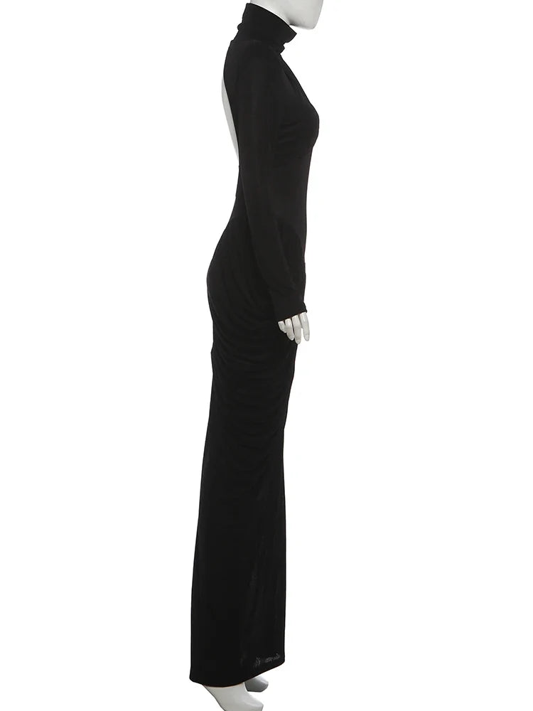 Autumn New Style Maxi Dress Women Turtleneck Full Sleeve Backless Skinny Stretch  Prom Party Ruched Elegant Vestidos