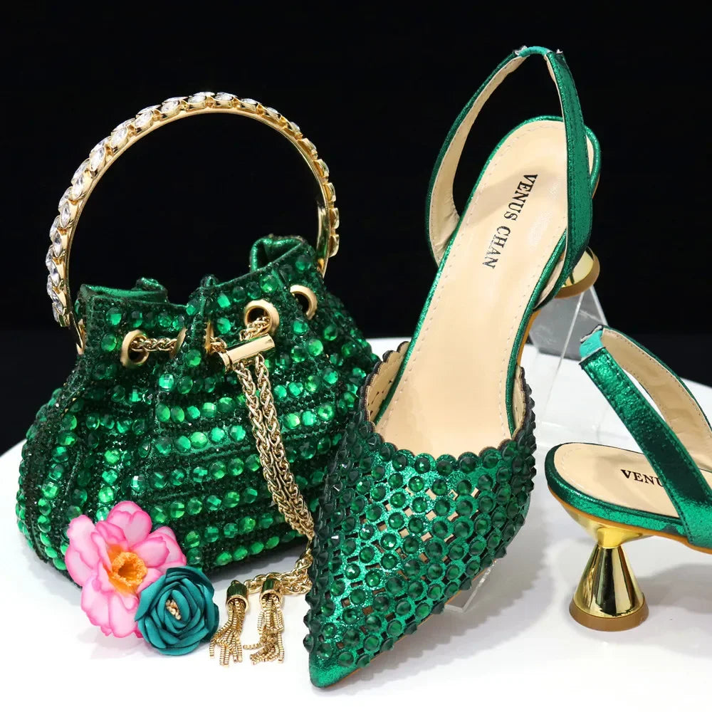 High Heels for Lady 2023 Luxury Designer Green Color Full Diamond Pointed Toe Wedding Shoe and Bag Set for Party