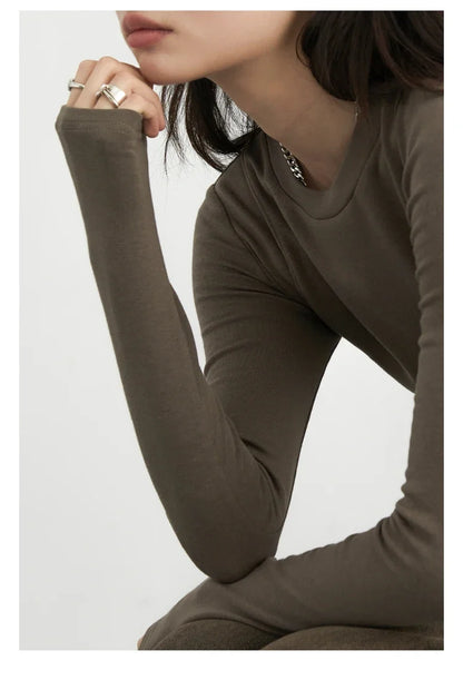 Women T-Shirts Solid New Basic Heating Cashmere Round Neck Woman Tees Slim Fit Female Tops Spring Autumn 2024