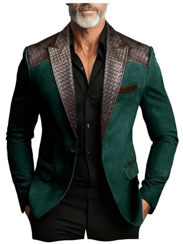 Men's Faux Suede Jacket with PU Leather Collar & Shoulder Two-Tone Blazer Contrast Trim Coat