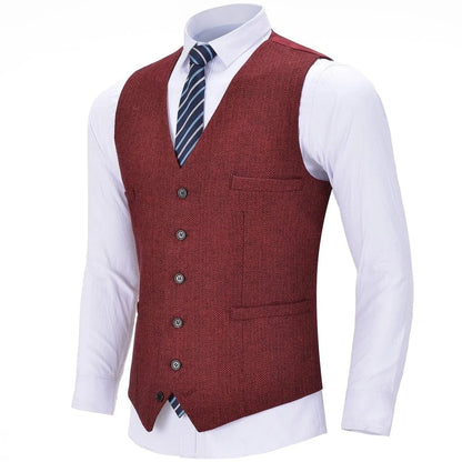 Men Vest Red Solid V Neck Herringbone Waistcoat For Wedding Business Birthday Banquet Work Set Men Suit Vest