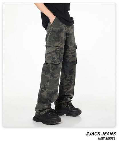 Tall Pants for Slim Thin Skinny Men Y2K Straight Wide Leg Cotton Cargo Pants Camouflage Extra Long Length Trouser Male Vintage