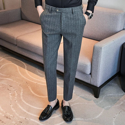 High Qualitys Wool Thickened Vertical Striped Men's Suit Pants Autumn Winter New Warm Fashion Business Casual Straight Trousers