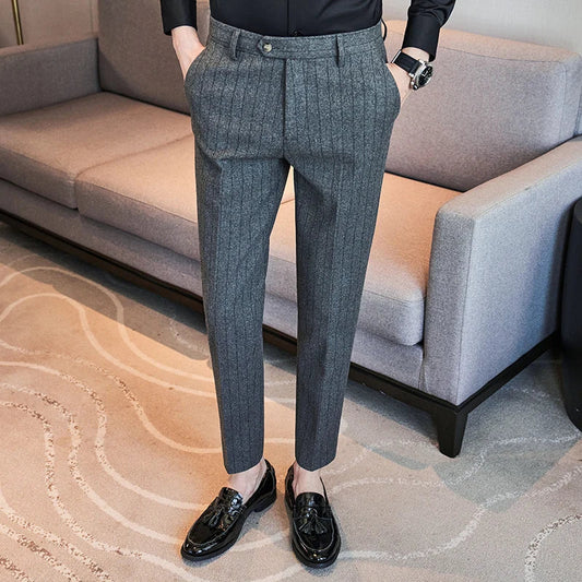 High Qualitys Wool Thickened Vertical Striped Men's Suit Pants Autumn Winter New Warm Fashion Business Casual Straight Trousers