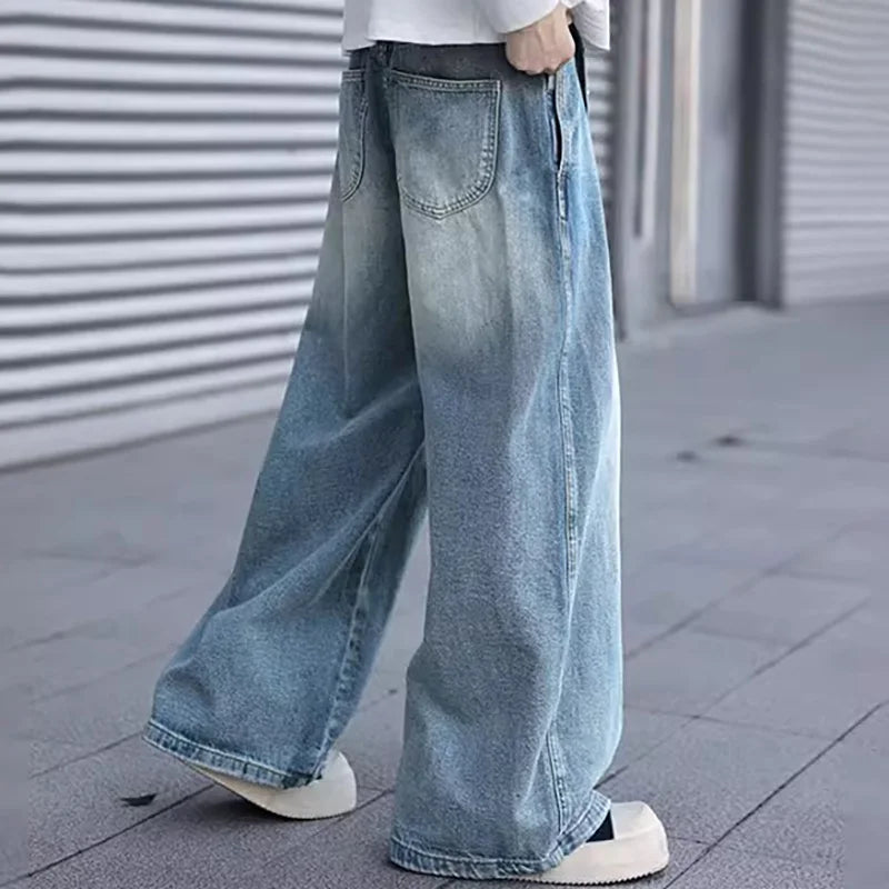 Korean Style Design Belt Jeans Men'S Casual Loose Retro Blue Straight Leg Pants High Street Wide Leg Pants