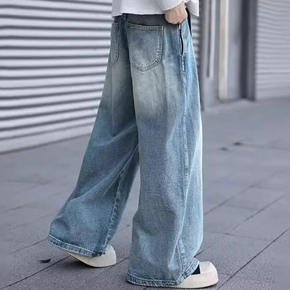 Korean Style Design Belt Jeans Men'S Casual Loose Retro Blue Straight Leg Pants High Street Wide Leg Pants