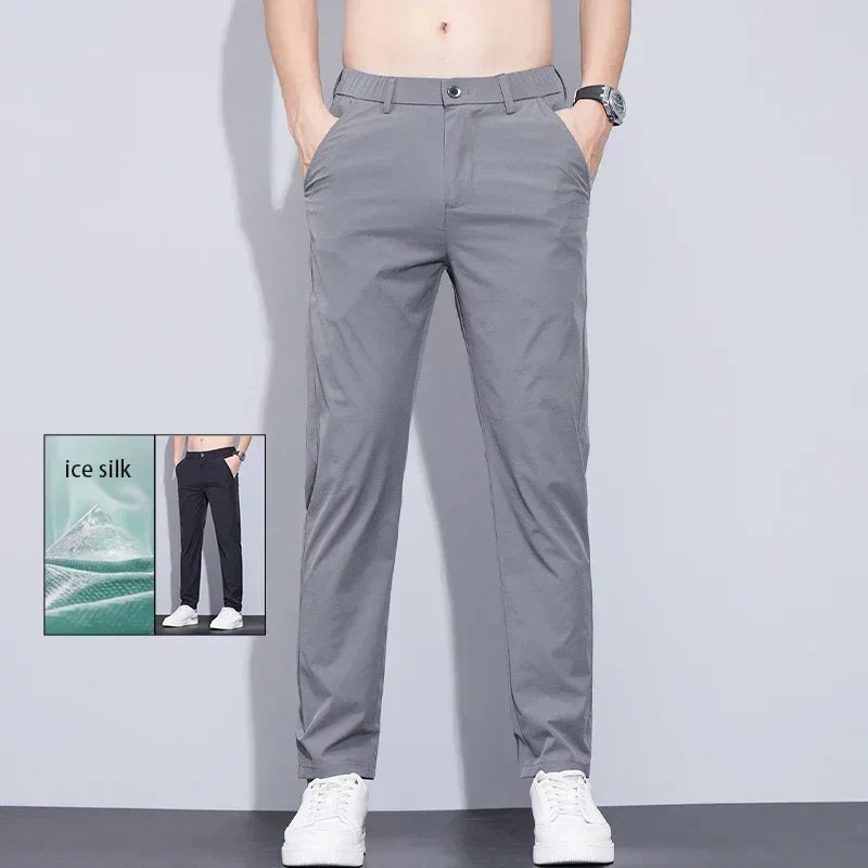 Men's Ice Silk Trousers Solid Color Korean Loose Breathable Straight-Leg Casual Pants Thin Quick-Drying Sports With Pockets