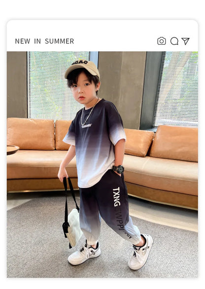 Summer Boys Gradient Contrast Alphabet t-Shirt Tops+Pant Workout Sets School Kids 2PCS Tracksuit Children Jogger Outfits 5-16 Yr