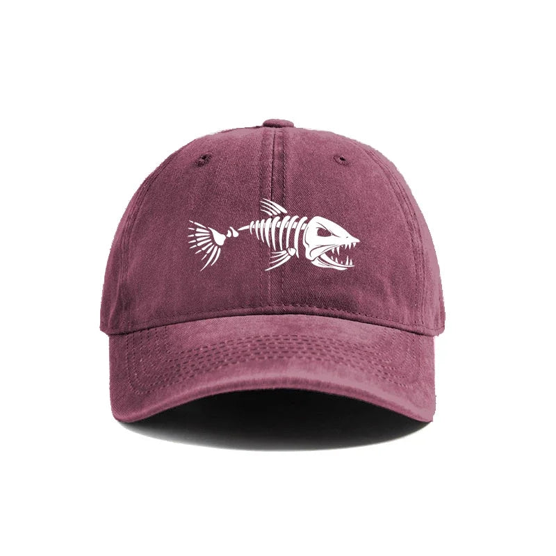 White fishbone printed baseball cap, vintage style, fashionable and versatile for both men and women