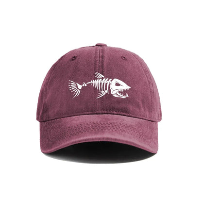White fishbone printed baseball cap, vintage style, fashionable and versatile for both men and women